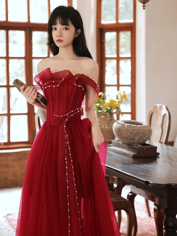 Fashion Burgundy Evening Dresses  Prom Dresses 2021 A-Line / Princess Ruffle Pearl Off-The-Shoulder Sleeveless Backless Floor-Length / Long Prom Formal Dresses