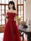 Fashion Burgundy Evening Dresses  Prom Dresses 2021 A-Line / Princess Ruffle Pearl Off-The-Shoulder Sleeveless Backless Floor-Length / Long Prom Formal Dresses