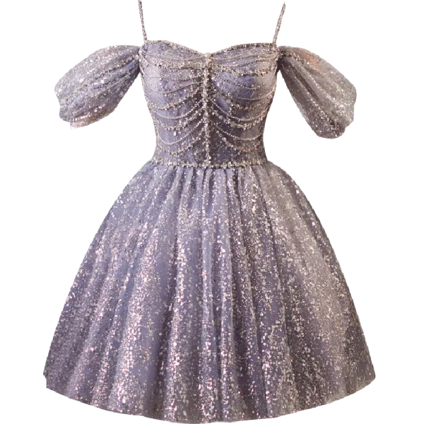 Sexy Lavendel Perlenstickerei Perle Strass Pailletten Kurze Partykleider 2024 A Linie Spaghettiträger Ärmellos Rückenfreies Tülle Festliche Kleider