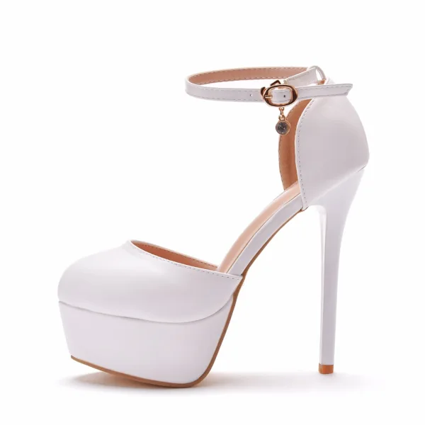 Schöne Weiß Brautschuhe 2021 Knöchelriemen 14 cm Stilettos Runde Zeh Hochzeit Hochhackige