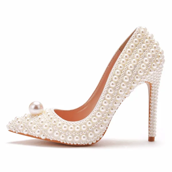 Modest Ivory Pearl Wedding Shoes 2021 11 cm Stiletto Heels Pointed Toe Wedding Pumps High Heels