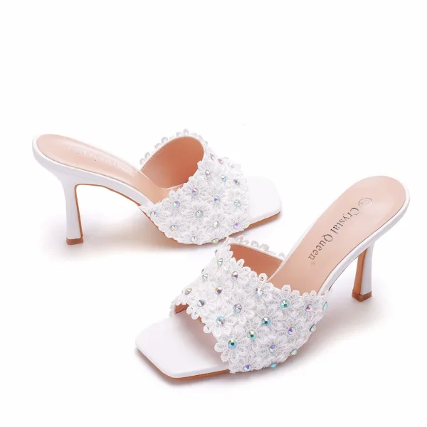Fashion White Cocktail Party Lace Flower Rhinestone Womens Sandals 2021 9 cm Stiletto Heels Open / Peep Toe Sandals High Heels