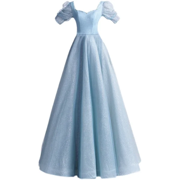 Vintage / Retro Sky Blue Prom Dresses 2021 A-Line / Princess Square Neckline Beading Pearl Sequins 1/2 Sleeves Backless Floor-Length / Long Prom Formal Dresses