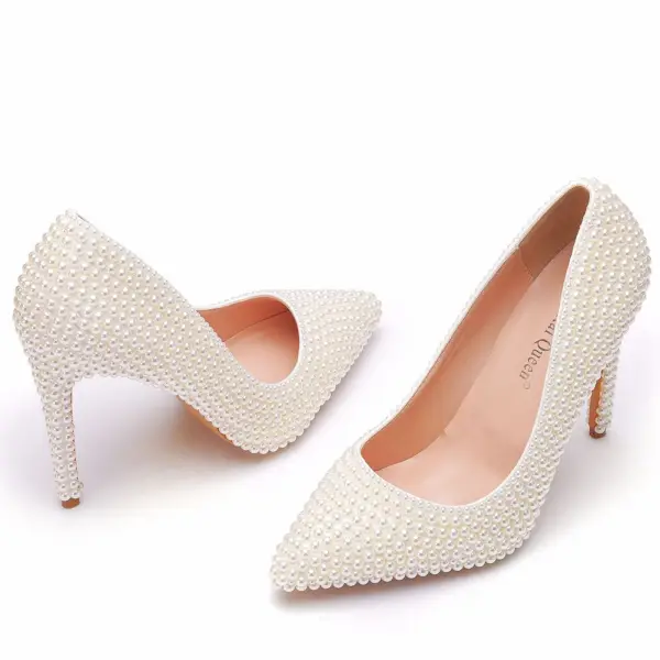 Classique Ivoire Perle Chaussure De Mariée 2021 11 cm Talons Aiguilles À Bout Pointu Mariage Escarpins Talons Hauts