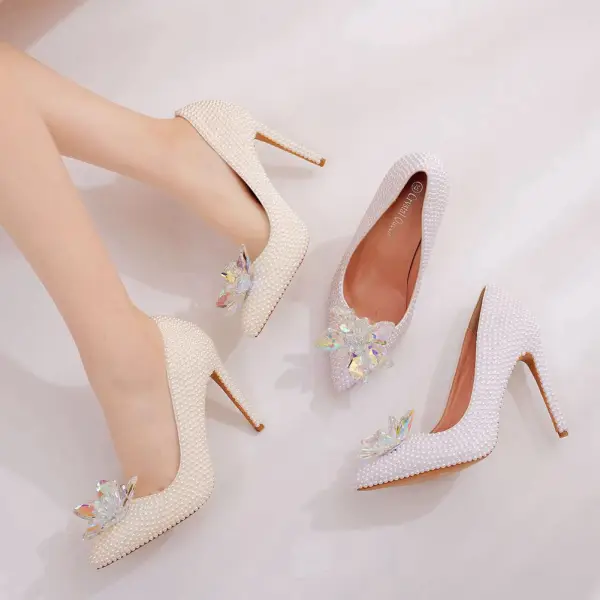 Charming Ivory Pearl Crystal Wedding Shoes 2021 11 cm Stiletto Heels Pointed Toe Wedding Pumps High Heels