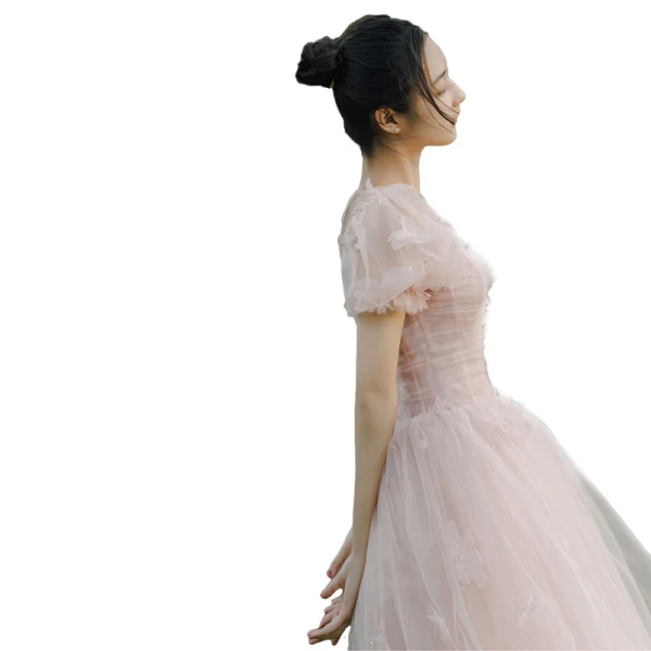 Simple Rougissant Rose Robe De Bal 2021 Princesse Encolure Carrée Paillettes Manches Courtes Dos Nu Longue Robe De Ceremonie
