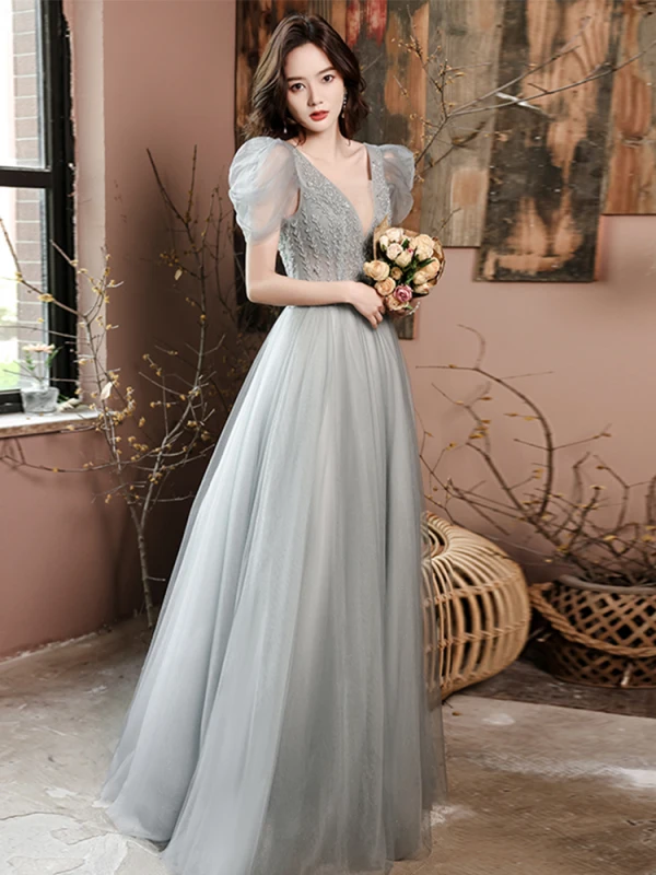 Charming Grey Evening Dresses Evening Dresses  2021 A-Line / Princess V-Neck Beading Short Sleeve Backless Floor-Length / Long Evening Party Formal Dresses