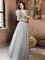 Charming Grey Evening Dresses Evening Dresses  2021 A-Line / Princess V-Neck Beading Short Sleeve Backless Floor-Length / Long Evening Party Formal Dresses
