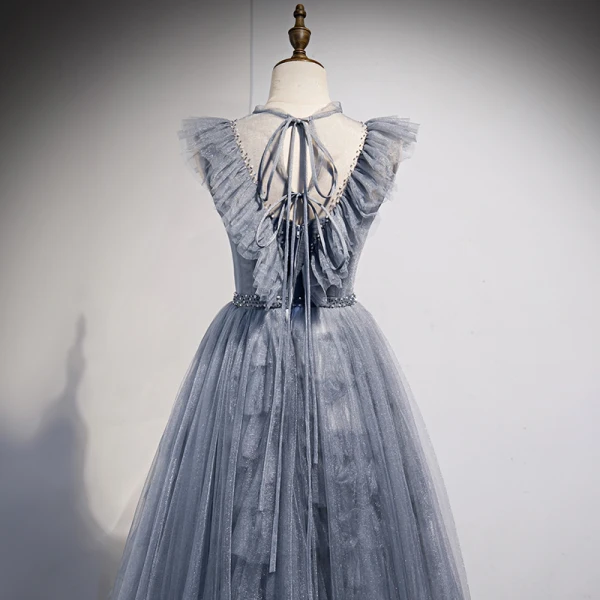 Charming Sky Blue Grey Prom Dresses 2021 A-Line / Princess Scoop Neck Ruffle Short Sleeve Beading Backless Bow Floor-Length / Long Prom Formal Dresses