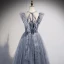Charming Sky Blue Grey Prom Dresses 2021 A-Line / Princess Scoop Neck Ruffle Short Sleeve Beading Backless Bow Floor-Length / Long Prom Formal Dresses