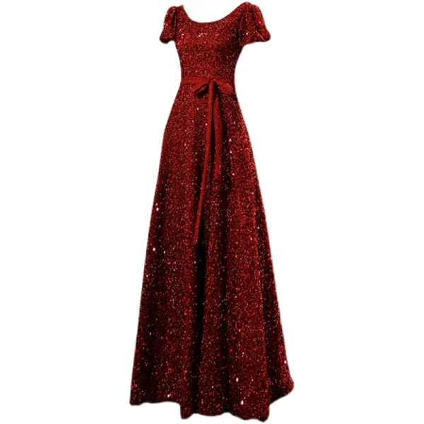 Sparkly Vintage / Retro Burgundy Prom Dresses 2021 A-Line / Princess Beading Sequins Sash Bow Scoop Neck Short Sleeve Backless Floor-Length / Long Prom Formal Dresses