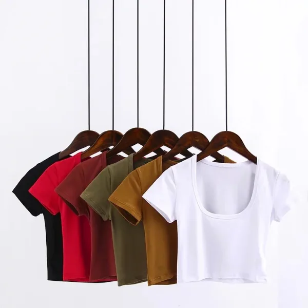 Sexy Summer Street Wear Army Green Tight  T-Shirts 2021 Scoop Neck Short Sleeve Women's Tops