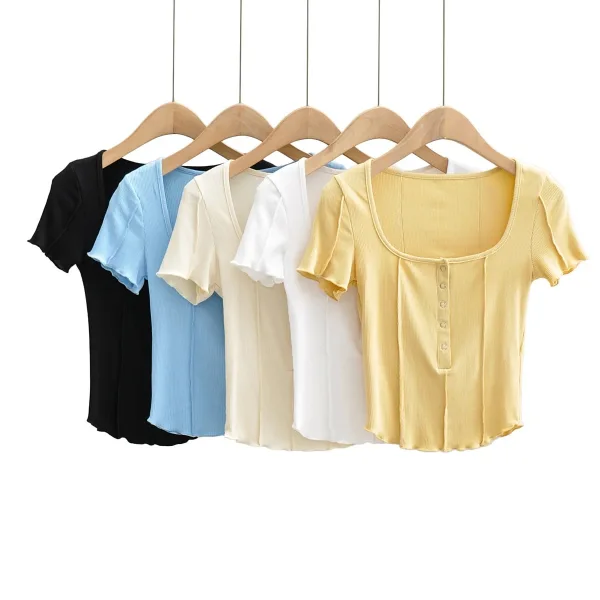 Sexy Summer Sky Blue Street Wear Tight T-Shirts 2021 U-Neck Short Sleeve Women's Tops