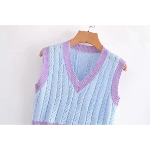 Fashion Sky Blue Two Tone Fall Knitting Casual Tank Sweaters 2021 V-Neck Short Sleeve Women's Tops