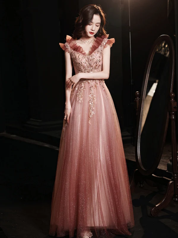 Charmant Rose Sombre Robe De Bal 2021 Princesse De l'épaule Perlage Paillettes Manches Courtes Appliques Dos Nu Longue Promo Robe De Ceremonie