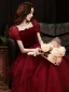 Élégant Bordeaux Daim Robe De Bal 2021 Princesse Encolure Carrée Manches Courtes Dos Nu Noeud Ceinture Longue Promo Robe De Ceremonie