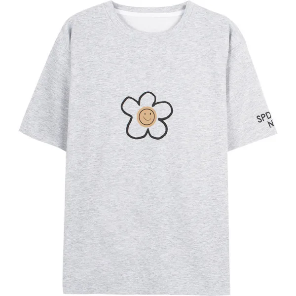 Fashion Summer Casual Grey Printing Flower T-Shirts 2021 Cotton Scoop Neck Short Sleeve Loose Women's Tops T-shirt