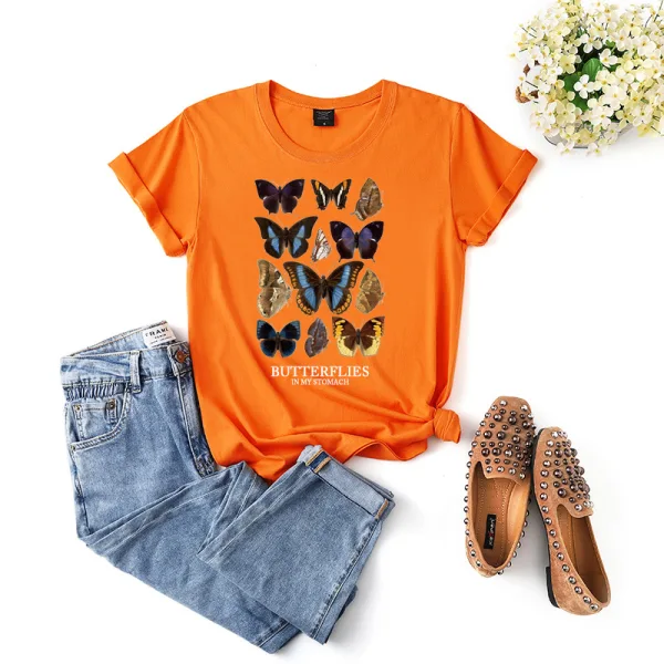 Fashion Street Wear Khaki Summer Loose Butterfly Printing Cotton T-Shirts 2021 Scoop Neck Short Sleeve Women's Tops T-shirt