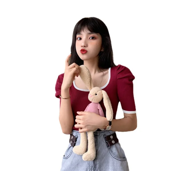 Vintage / Retro Summer Blushing Pink Knitting Tight  T-Shirts 2021 U-Neck Short Sleeve Women's Tops T-shirt