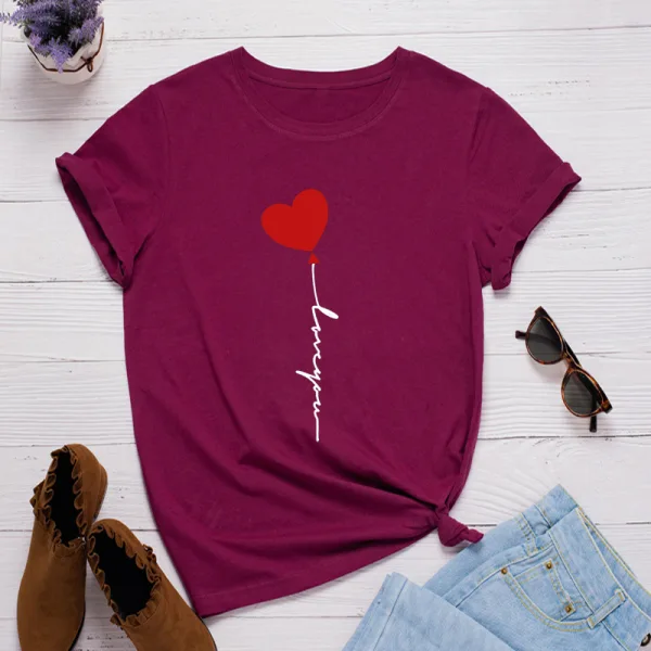 Schön Sommer Schwarz Freizeit Herzförmig Ballon Drucken T-Shirts 2021 Baumwolle Rundhalsausschnitt Kurze Ärmel Lose Damen Oberteile
