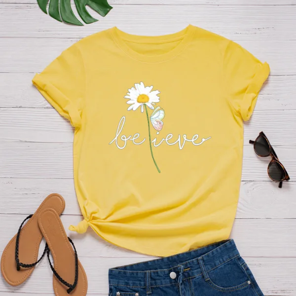 Casual Summer Black Daisy Tops Printing T-Shirts 2021 Cotton Loose Scoop Neck Short Sleeve Women's Tops T-shirt