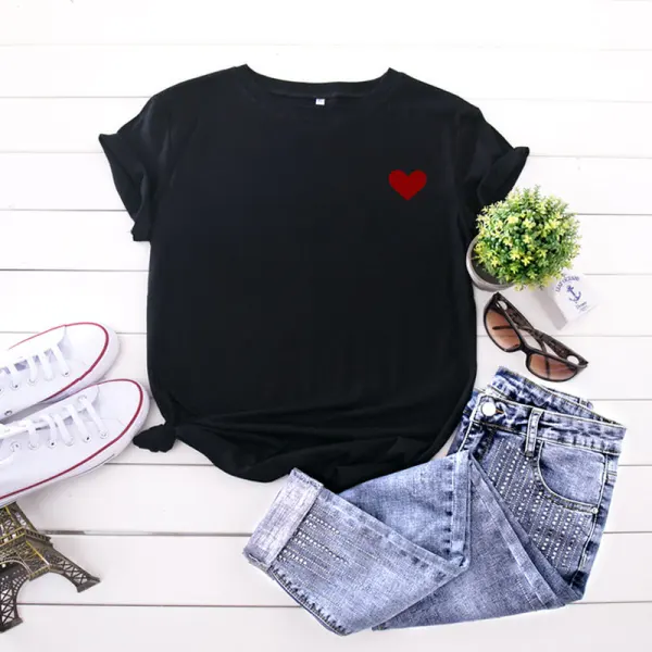 Summer Casual White Heart-shaped Printing Loose T-Shirts 2021 Cotton Scoop Neck Short Sleeve Women's Tops T-shirt