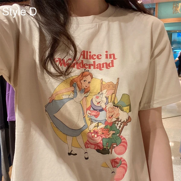 Summer Casual White Cartoon Printing T-Shirts 2021 Cotton Scoop Neck Short Sleeve Women's Tops