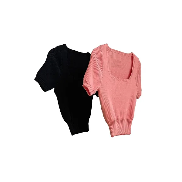 Fashion Black Summer Street Wear Knitting Tight  T-Shirts 2021 U-Neck Short Sleeve Women's Tops T-shirt