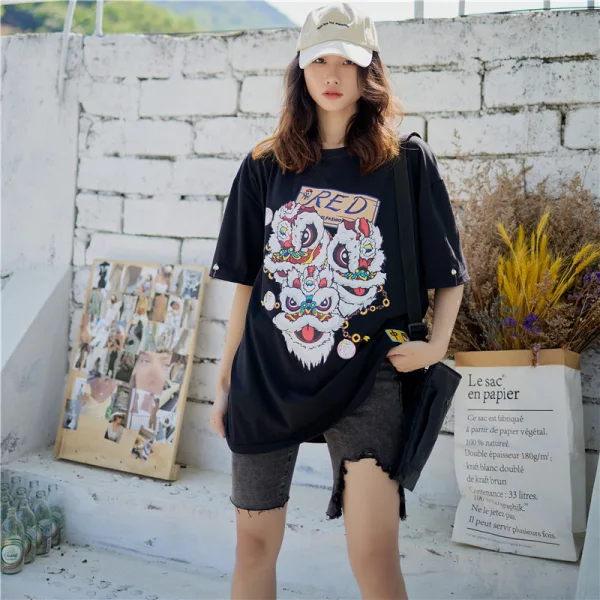 Chinese style Summer Black Loose Casual Cartoon Printing T-Shirts 2021 Cotton Scoop Neck Short Sleeve Women's Tops T-shirt