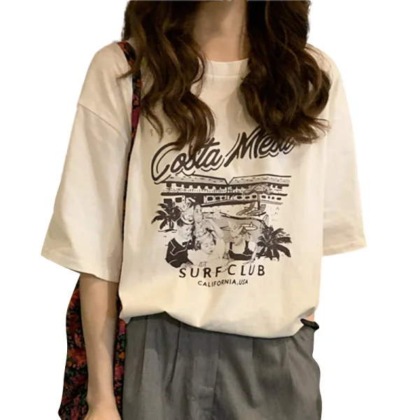 Summer Casual White Printing Loose T-Shirts 2021 Cotton Scoop Neck Short Sleeve Women's Tops T-shirt