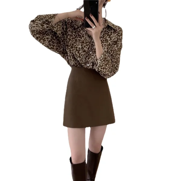 Mote Kaffe Løs Gateklær Leopard Bluser 2021 Chiffon V-Hals Langermede Kvinners Topper Bluser