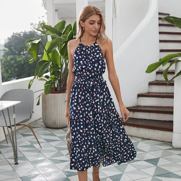 Bohemia Summer Beach Street Wear Black White Spotted 2021 A-Line / Princess Halter Sash Bow Sleeveless Tea-length Maxi Dresses Women Maxi Dresses Dresses