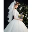 Viktorianischer Stil Vintage Ivory / Creme Spitze Blumen Brautkleider / Hochzeitskleider 2021 A Linie Eckiger Ausschnitt Kurze Ärmel Rückenfreies Hof-Schleppe Hochzeit