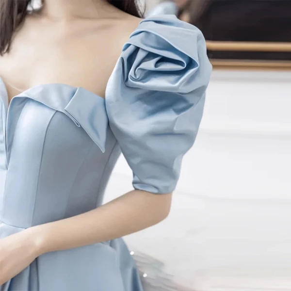 Vintage / Retro Sky Blue Satin Prom Dresses 2021 A-Line / Princess Square Neckline Short Sleeve Backless Beading Bow Floor-Length / Long Prom Formal Dresses