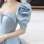 Vintage / Retro Sky Blue Satin Prom Dresses 2021 A-Line / Princess Square Neckline Short Sleeve Backless Beading Bow Floor-Length / Long Prom Formal Dresses