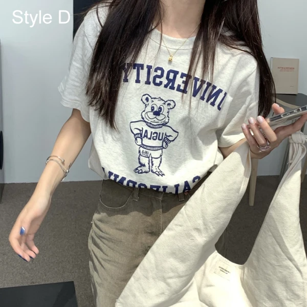 Fashion White Cotton Street Wear Cartoon Printing Loose T-Shirts 2021 Scoop Neck Short Sleeve Women's Tops T-shirt