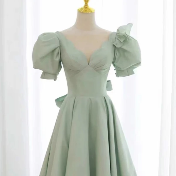 Vintage / Retro Sage Green Prom Dresses A-Line / Princess 2021 Scoop Neck Puffy Short Sleeve Backless Bow Tea-length Prom Formal Dresses
