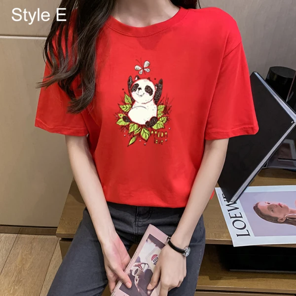 Casual Summer Red Loose Cartoon Printing T-Shirts 2021 Cotton Scoop Neck Short Sleeve Women's Tops T-shirt
