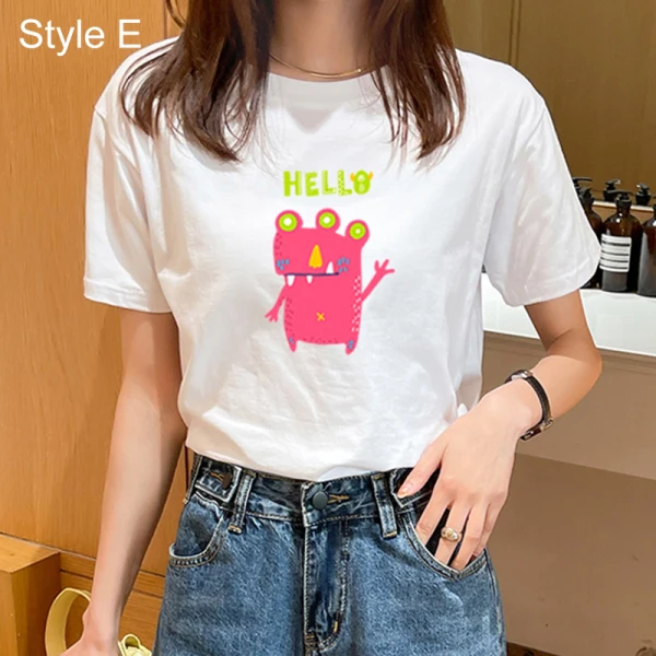 Casual Summer White Loose Cartoon Printing T-Shirts 2021 Cotton Scoop Neck Short Sleeve Women's Tops T-shirt
