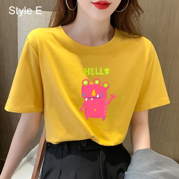 Casual Summer Yellow Loose Cartoon Printing T-Shirts 2021 Cotton Scoop Neck Short Sleeve Women's Tops T-shirt