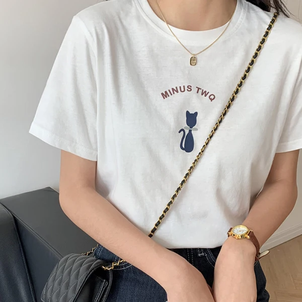 Fashion Summer Street Wear Cotton Cartoon Printing Black T-Shirts 2021 Loose Scoop Neck Short Sleeve Women's Tops T-shirt