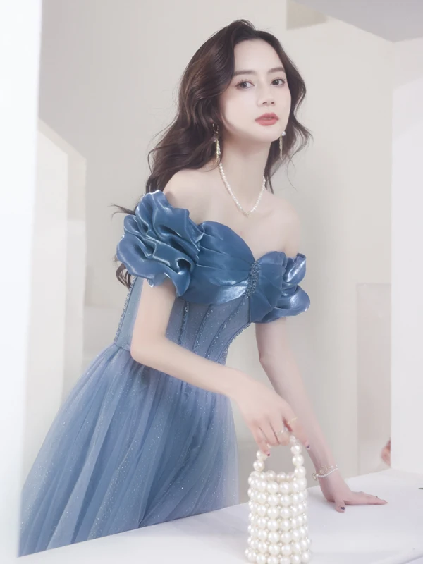 Charming Ocean Blue Evening Dresses Prom Dresses 2021 A-Line / Princess Off-The-Shoulder Beading Short Sleeve Backless Prom Floor-Length / Long Formal Dresses