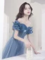 Charming Ocean Blue Evening Dresses  Prom Dresses 2021 A-Line / Princess Off-The-Shoulder Beading Short Sleeve Backless Prom Floor-Length / Long Formal Dresses