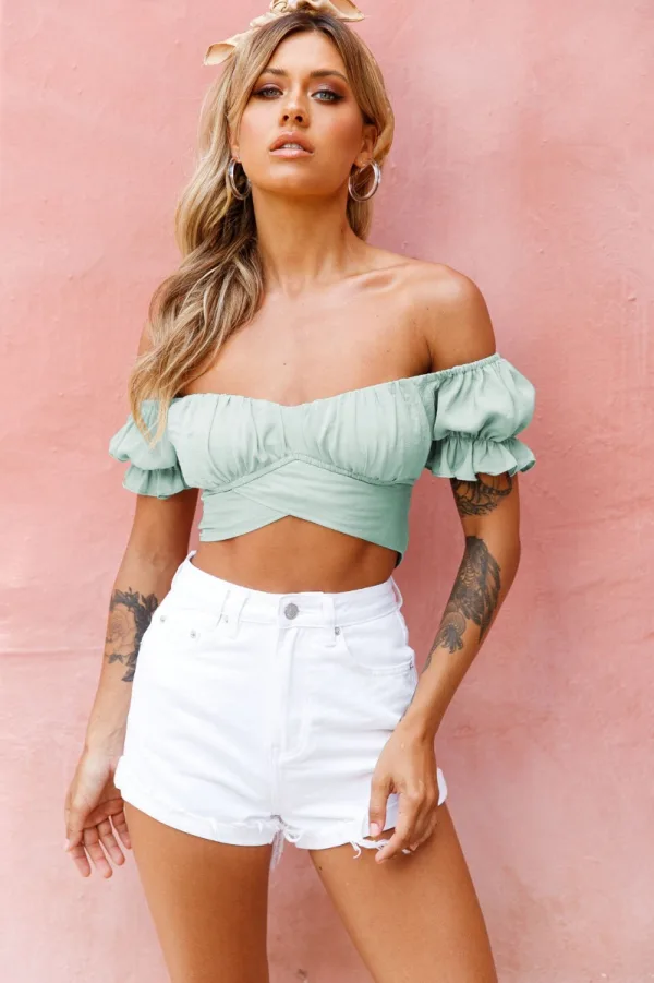 Sexy Summer Beach Resort Wear Street Wear Yellow Off-The-Shoulder Short Sleeve Women Tops 2021