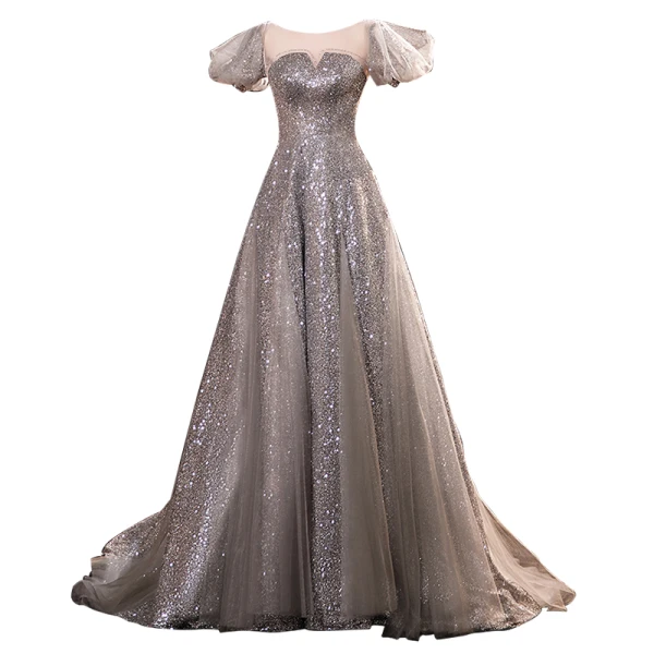Vintage / Originale Scintillantes Argenté Glitter Paillettes Robe De Soirée Robe De Bal 2021 Princesse Encolure Dégagée Gonflée Manches Courtes Dos Nu Longue Robe De Ceremonie