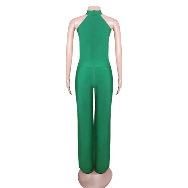 Fashion Green See-through Street Wear Tight  Jumpsuit 2021 Halter Sleeveless Women Dresses