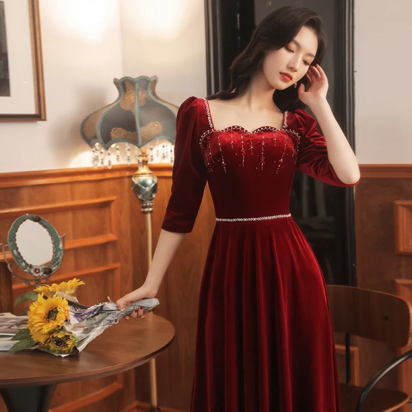 Charming Burgundy Suede Evening Dresses  2021 A-Line / Princess Square Neckline Rhinestone 1/2 Sleeves Backless Bow Floor-Length / Long Evening Party Formal Dresses