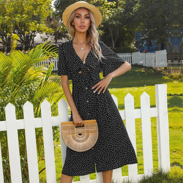 Fashion Burgundy Summer Street Wear Spotted Women Dresses 2021 V-Neck Bow Short Sleeve