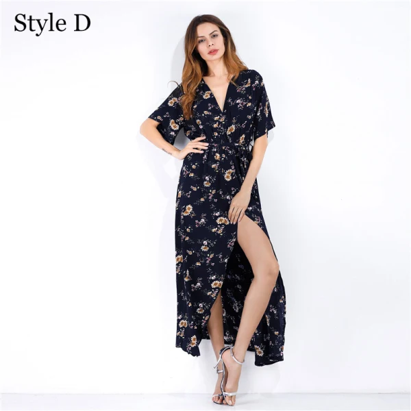 Summer Black Street Wear Beach Floral Maxi Dresses 2021 V-Neck Short Sleeve Women Dresses