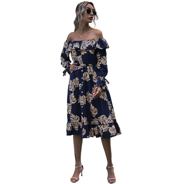 Mode Sommer Strassenmode Drucken Marineblau Damen Kleider 2021 Off Shoulder Verdeckter Knopf 3/4 Ärmel Rückenfreies Wadenlang